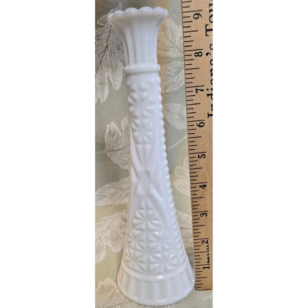 Vintage White Milk Glass Bud Vase Hobnail Diamond Quilted Scalloped 9 Inch